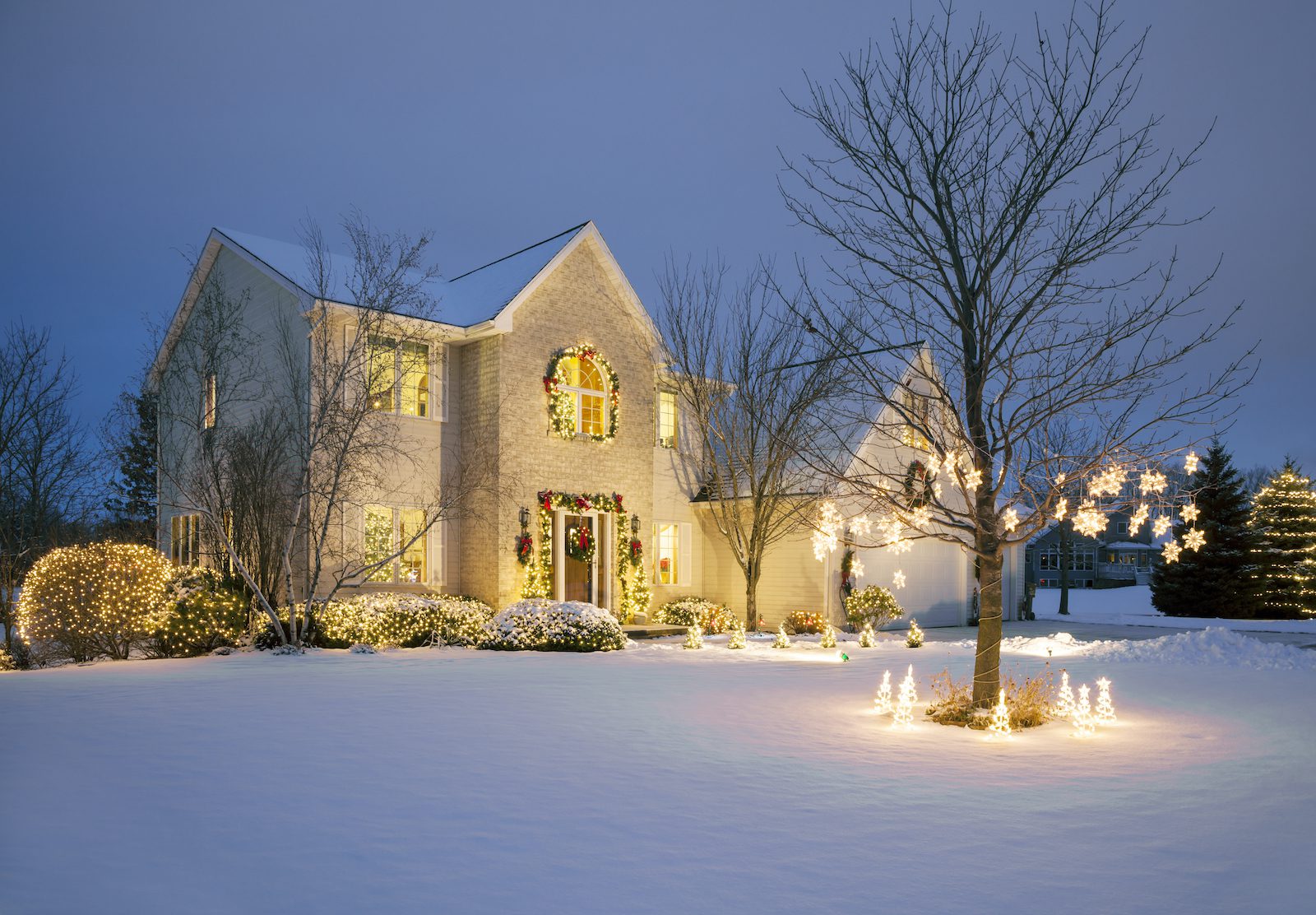 Christmas Decorated Home With Holiday Lighting, Snow