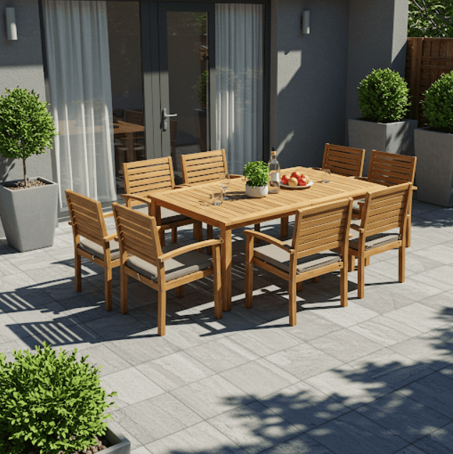 Image of a patio furnished with a hardwood dining table and chairs, including cushions