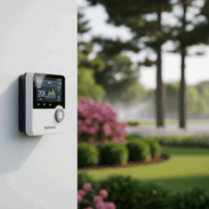 A modern white and black Hydrawise smart irrigation controller mounted on a wall, with a lush, green landscaped area and trees blurred in the background.