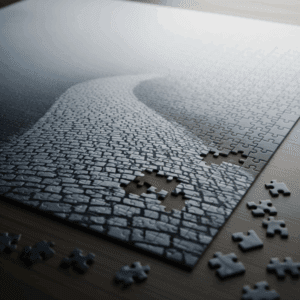 A partially completed jigsaw puzzle depicts a winding cobblestone path disappearing into a dark, foggy background, with several puzzle pieces missing from the path and scattered nearby.