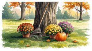A cheerful watercolor illustration of a fall scene with a pumpkin, two pots of mums, a rake, and colorful autumn trees in the background.