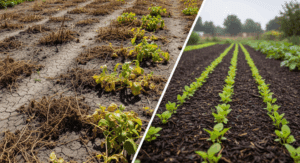 A split image showing two garden beds: on the left, dry, cracked soil with withered plants; on the right, lush, green seedlings thriving in dark, rich soil with rain falling.