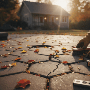 A close-up shot of a person sweeping fallen leaves from a cracked paver patio during autumn.