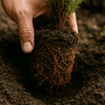 A close-up shot of a hand gently planting a small perennial or shrub into the ground.