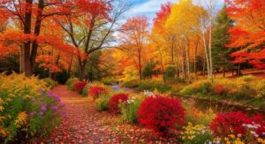 vibrant autumn scene showing a variety of trees and shrubs with colorful red and yellow leaves alongside blooming flowers.