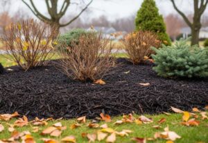 Close-up of a residential landscape bed freshly covered in a thick layer of dark black mulch. The bed contains dormant deciduous shrubs and evergreen bushes, with colorful fall leaves scattered on the surrounding green lawn.