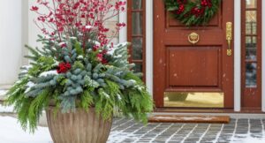 A close-up of a festive winter porch arrangement featuring a large planter filled with evergreen boughs (spruce and cedar), bright red berries, and red dogwood branches, lightly dusted with snow. A mahogany front door with a brass kickplate and a holiday wreath is visible in the background.